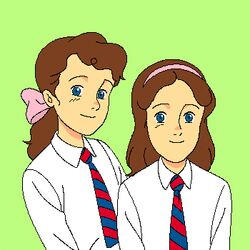  1990s_(style) 2girls brown_hair hair_ribbon hairband isabelle_o&#039;sullivan japoor lowres multiple_girls necktie oekaki patricia_o&#039;sullivan ponytail retro_artstyle ribbon siblings simple_background sisters smile the_twins_of_st._clare&#039;s twins 