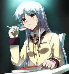  angel_beats! eating female food fura long_hair mapo_tofu plate school_uniform solo spoon table tachibana_kanade white_hair yellow_eyes 