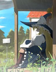  blonde_hair boots braid buncha_to_imon commentary_request daisy day female flower hat highres hugging_own_legs kirisame_marisa long_hair looking_up mailbox_(incoming_mail) outdoors profile rain shade sitting sky solo touhou witch_hat yellow_eyes 