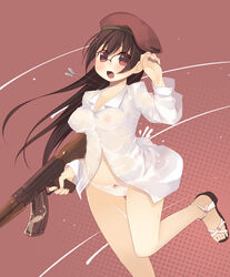  absurdres ak-47 arima_senne assault_rifle blush breasts brown_hair dog_tags female glasses gun hat highres jewelry kalashnikov_rifle kashiwamochi_yomogi legs long_hair medium_breasts mole mole_on_breast necklace no_bra no_pants original panties photoshop_(medium) red_eyes rifle sandals see-through shirt solo toes underwear water_gun weapon wet white_panties 