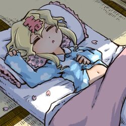  blonde_hair cherry_blossoms closed_eyes commentary_request female haru-chan imuhata_shimuro lowres lying nhk_(broadcaster) on_back pillow sleeping solo 