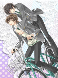  2boys :d ^_^ basket bicycle bicycle_basket black_background brown_hair closed_eyes code_geass commentary_request couple dutch_angle green_necktie grey_jacket happy hug hug_from_behind jacket kururugi_suzaku lace_background lelouch_vi_britannia male_focus multiple_boys multiple_riders necktie open_clothes open_jacket open_mouth photoshop_(medium) pillion polka_dot polka_dot_background riding school_uniform smile striped striped_background sweater_vest touya_(roukaku) wing_collar yaoi 