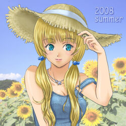  2008 alternate_hairstyle blonde_hair blue_eyes breasts cleavage dress female flower hat jewelry kimiarugatame large_breasts long_hair lowres necklace ratchet_altair sakura_taisen sakura_taisen_v solo straw_hat sunflower twintails 