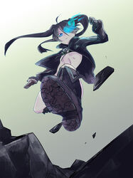  bikini bikini_top_only black_hair black_rock_shooter black_rock_shooter_(character) blue_eyes boots coat commentary_request female flaming_eye flat_chest from_below highres jacket jumping knee_boots long_hair mattie pale_skin shoe_soles shorts solo star_(symbol) swimsuit sword twintails weapon 