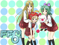  3girls bad_id bad_pixiv_id blonde_hair blush bow celes_chere copyright_name final_fantasy final_fantasy_vi green_hair hands_on_own_knees hat headband kkokko long_hair mahora_academy_middle_school_uniform mahou_sensei_negima! mog moogle multiple_girls parody pink_bow plaid plaid_skirt ponytail relm_arrowny school_uniform short_hair skirt terra_branford 