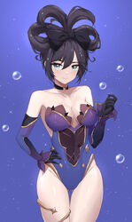  alternate_hairstyle aqua_eyes ass_visible_through_thighs bare_legs bare_shoulders black_bow black_choker black_hair blue_background blue_leotard borrowed_hairstyle bow breasts bubble choker cinnamiku_hairstyle closed_mouth collarbone detached_sleeves dot_nose feint721 female genshin_impact gold_trim green_eyes hairbow hand_on_own_hip highres leotard medium_breasts mona_(genshin_impact) solo thigh_gap thighlet thighs updo 