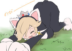  :3 absurdres alternate_breast_size animal_ears black_bodysuit blonde_hair blue_gemstone blush bodysuit breast_press breasts cat_ears cat_rosalina catsuit closed_eyes commentary crown earrings fake_animal_ears female full_body gem gloves grass grey_headwear hair_over_one_eye happy highres hood hood_up jewelry kurachi_mizuki large_breasts mario_(series) oerba_yun_fang on_ground one_eye_covered open_mouth outstretched_arms own_hands_together red_gemstone rosalina short_hair sidelocks simple_background smile solo star_(symbol) star_earrings stretching super_mario_3d_world top-down_bottom-up translation_request trembling v-shaped_eyebrows white_background white_gloves 