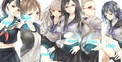  6+girls bandaged_head bandages black_legwear black_skirt braid brown_eyes fuyusaka_iori glasses grey_eyes grey_shirt hair_ornament hairclip hand_up highres jacket juusan_kihei_bouei_ken kisaragi_tomi kuro_n314 looking_at_viewer looking_back midriff minami_natsuno multiple_girls navel red-framed_eyewear rimless_eyewear school_uniform semi-rimless_eyewear shinonome_ryouko_(juusan_kihei_bouei_ken) shirt short_hair sitting skirt socks standing takamiya_yuki twintails yakushiji_megumi 