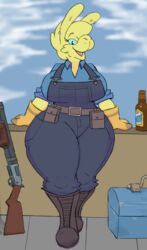  alcohol anthro beer belt beverage big_breasts blue_eyes boots breasts camelid clothing delfucko ear_piercing ear_ring engineer_(team_fortress_2) female footwear fur gloves goatonomous handwear headbutterz hi_res huge_thighs lamoid leaning_on_wall llama looking_at_viewer low_wall mammal miss_b overalls pear-shaped_figure piercing ring_piercing shoes smile smiling_at_viewer solo team_fortress_2 thick_thighs third-party_edit valve weapon wide_hips yellow_body yellow_fur 