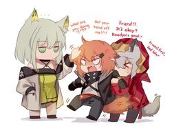  &gt;_&lt; ... 3girls anger_vein angry animal_ears arknights bare_shoulders brown_hair chibi crownslayer_(arknights) dress english_commentary english_text fur-trimmed_hood fur_trim green_dress green_eyes green_hair headpat highres hood hooded_jacket jacket jitome kal&#039;tsit_(arknights) korean_commentary mask mask_around_neck motion_lines multiple_girls open_mouth projekt_red_(arknights) red_jacket restrained short_hair star_of_life tail v-shaped_eyebrows wavy_mouth wolf_ears wolf_girl yuutama2804 