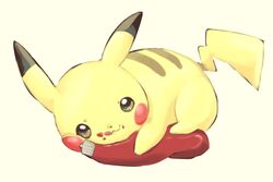  commentary_request full_body holding ketchup ketchup_bottle looking_at_viewer lying mizuto_(o96ap) no_humans on_stomach pikachu pokemon pokemon_(anime) pokemon_(classic_anime) pokemon_(creature) simple_background solo white_background 