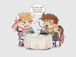  2boys alcohol battle_tendency black_spaghetti blonde_hair blush_stickers brown_hair caesar_anthonio_zeppeli chair chibi commentary_request crop_top cup drinking_glass eating facial_mark feather_hair_ornament feathers fingerless_gloves food gloves green_eyes hair_ornament headband highres jojo_no_kimyou_na_bouken joseph_joestar joseph_joestar_(young) male_focus midriff multiple_boys norue pasta pink_scarf profanity puffy_cheeks round_table scarf sitting slurping spaghetti striped_clothes striped_scarf table tablecloth triangle_print wine wine_glass 