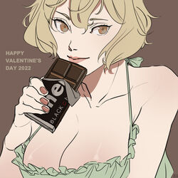  2022 alternate_costume bikini blonde_hair breasts brown_background candy chocolate chocolate_bar cleavage closed_mouth commentary_request dated_commentary female flat_color food genderswap_(mtf) green_bikini hair_between_eyes halterneck happy_valentine higekiri_(touken_ranbu) holding holding_chocolate holding_food large_breasts looking_at_viewer meiji_(brand) rule_63 shiny_skin short_hair smile solo swimsuit touken_ranbu upper_body yellow_eyes z.i 