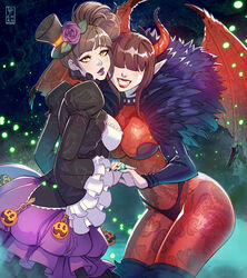  2girls bodystocking breasts brown_hair cleavage collar dress dual_persona feathers frilled_sleeves frills hair_over_eyes halloween handler_(monster_hunter_world) hat holding_hands horns jewelry lipstick looking_at_viewer makeup mini_hat mini_top_hat monster_hunter:_world monster_hunter_(series) multiple_girls official_alternate_costume pechan pointy_ears purple_lips red_lips ring shrug_(clothing) studded_collar time_paradox top_hat 