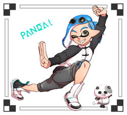  1boy blue_hair english_text eyewear_on_head fangs full_body green_eyes inkling inkling_boy inkling_player_character kouhai_(souzaipan) li&#039;l_judd_(splatoon) male_focus pose short_ponytail shorts solo souzaipan splatoon_(series) tentacle_hair 