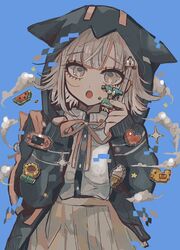  :o animal_ears badge black_jacket black_shirt blue_background blush brown_skirt cloud collared_shirt commentary danganronpa_(series) danganronpa_2:_goodbye_despair female galaga hair_ornament hairclip heart hood hood_up jacket kara_aren long_sleeves looking_at_viewer nail_polish nanami_chiaki neck_ribbon open_mouth pink_ribbon pleated_skirt ribbon shirt shirt_tucked_in short_hair skirt sleeves_past_wrists solo spaceship_hair_ornament symbol-only_commentary two-tone_shirt upper_body white_shirt 