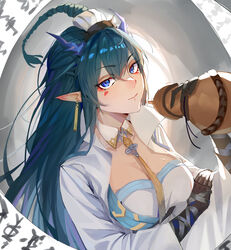  absurdres arknights bad_id bad_pixiv_id black_gloves blue_eyes blue_hair braid breasts cleavage closed_mouth coat collarbone detached_collar earrings elbow_gloves eyeshadow female gloves gourd highres holding jewelry large_breasts ling_(arknights) lipstick long_hair long_sleeves looking_at_viewer makeup necktie open_clothes open_coat pointy_ears scroll shirt solo soranoki upper_body very_long_hair white_coat white_shirt wide_sleeves yellow_necktie 