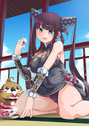  bare_shoulders bird black_dress blue_eyes blue_sky blush bowl breasts china_dress chinese_clothes cleavage day detached_sleeves dress fate/grand_order fate_(series) female hair_ornament highres kneeling large_breasts long_hair lychee open_mouth purple_hair side_slit sidelocks sky smile solo thighs twintails very_long_hair yang_guifei_(fate) yuuichi_(reductionblack) 