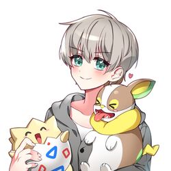  &gt;_&lt; :d ^_^ alternate_costume blue_eyes blush closed_eyes closed_mouth collarbone crossover fangs female flat_chest grey_hair hair_behind_ear head_tilt heart hime_gongju holding holding_pokemon looking_at_viewer nijisanji nijisanji_kr oh_jiyu open_mouth pokemon pokemon_(creature) shirt simple_background smile solo_focus togepi tongue tongue_out upper_body v-shaped_eyebrows virtual_youtuber white_background white_shirt yamper 