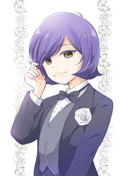  1boy adjusting_hair aged_down bow bowtie brown_eyes flower formal garma_zabi gundam kisaragi_ai lolicon male_focus mobile_suit_gundam mobile_suit_gundam_the_origin purple_eyes short_hair smile solo suit vest 