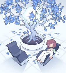  bad_id bad_pixiv_id blue_leaf blush brown_hair chair closed_eyes cube female glowing knife long_sleeves off-shoulder_shirt off_shoulder original pants plant potted_plant shirt short_hair single_wing sleeping solo syringe tree white_pants white_shirt wide_shot wings yamori_511 