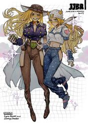  2girls belt belt_buckle blonde_hair blue_eyes boots breasts buckle copyright_name full_body genderswap_(mtf) goggles goggles_on_headwear green_eyes green_lips grid_background gyro_zeppeli highres horseshoe_ornament huge_breasts johnny_joestar jojo_no_kimyou_na_bouken long_hair looking_at_viewer medium_breasts midriff multiple_girls neg_50asu rule_63 steel_ball_(jojo) steel_ball_run teardrop 