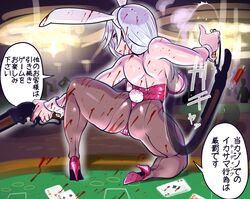  absurdres animal_ears ass back back-seamed_legwear bare_shoulders blood blood_on_clothes blood_on_face breasts bullet card casino_card_table commentary_request dual_wielding fake_animal_ears female gun high_heels highres holding holding_gun holding_weapon leotard long_hair looking_at_viewer looking_back minami_aomori on_one_knee original pantyhose pink_footwear playboy_bunny playing_card purple_eyes rabbit_ears rabbit_tail seamed_legwear solo_focus spread_legs table tail thong_leotard translated weapon white_hair wrist_cuffs 