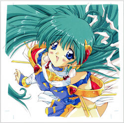  1990s_(style) blue_eyes blush braid bridal_gauntlets can_can_bunny earrings female floating_hair green_hair hair_ornament highres jewelry long_hair looking_at_viewer official_art open_mouth retro_artstyle scan smile solo source_request swatty_(can_can_bunny) 