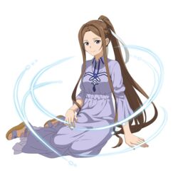  arm_support brown_hair closed_mouth dress earrings female full_body grey_dress hair_intakes hair_ribbon high_ponytail highres jewelry long_dress long_hair long_sleeves official_art purple_eyes ribbon sandals sitting smile solo sortiliena_serlut sword_art_online transparent_background very_long_hair white_ribbon 