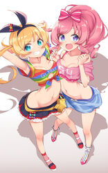  2girls aqua_eyes arched_back armpits arms_behind_head ass asymmetrical_docking baakurou bare_legs bare_shoulders blonde_hair bow bra bra_strap breast_press breasts breasts_apart butt_crack collarbone crop_top crotch foreshortening from_above full_body grin hairband highres kiratto_pri_chan lace-trimmed_skirt lace_trim layered_skirt long_hair looking_at_viewer lowleg lowleg_skirt midriff moegi_emo momoyama_mirai multiple_girls navel open_mouth pink_bow pink_bra pink_hair pink_shirt polka_dot ponytail pretty_series purple_eyes shadow shirt simple_background skirt small_breasts smile star-shaped_box star_(symbol) tied_shirt twintails underwear 