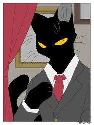  2022 ambiguous_gender anthro black_body clothed clothing domestic_cat felid feline felis hi_res mammal necktie solo tail urushi_(yorozumaru) whiskers yellow_eyes yorozumaru 