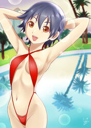  arms_behind_head bakemonogatari black_hair breasts brown_eyes cowboy_shot criss-cross_halter female halterneck highleg highleg_swimsuit huumoon kanbaru_suruga medium_breasts monogatari_(series) navel palm_tree pool reflection short_hair slingshot_swimsuit smile solo swimsuit tree 