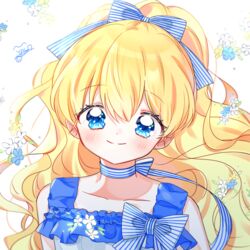  athanasia_de_alger_obelia bad_id bad_twitter_id blonde_hair blue_bow blue_eyes blue_flower blush bow check_copyright copyright_request dress eoneu_nal_gongjuga_doeeobeoryeotda female flower frills hairbow korean_commentary long_hair looking_at_viewer sleeveless sleeveless_dress smile solo striped striped_bow upper_body white_dress white_flower yalmyu yellow_flower 