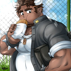  1boy bara belly bracelet brown_hair cheek_bulge cow_boy cow_horns croquette dark-skinned_male dark_skin eating facial_hair fence gakuran goatee horns jacket jewelry long_sideburns male_focus muscular muscular_male necklace open_clothes open_jacket pectorals plump school_uniform short_hair sideburns sleeves_rolled_up solo spiked_bracelet spikes sunfight0201 tetsuox_(housamo) thick_eyebrows tokyo_afterschool_summoners upper_body 