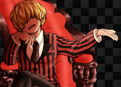  1boy absurdres aged_up black_legwear black_necktie blonde_hair chair checkered_background collared_shirt crossed_legs fat formal hair_over_eyes hand_on_own_cheek hand_on_own_face hand_up highres long_sleeves male_focus mother_(game) mother_2 necktie official_alternate_costume open_mouth parted_lips porky_minch shirt sitting solo striped_clothes striped_suit suit teeth thery throne upper_body white_shirt 