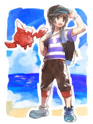  1boy backpack bag beach black_hair blue_sky cloud cloudy_sky commentary_request day elio_(pokemon) floating full_body hk_(nt) ocean outdoors pokedex pokemon pokemon_(creature) pokemon_sm rotom rotom_dex sand shirt shoes sky standing striped_clothes striped_shirt 