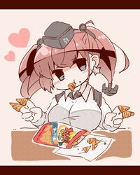  anchor_hair_ornament atlanta_(kancolle) bag_of_chips bloom2425 blue_eyes breasts brown_hair bugles_(food) bugles_on_fingers chips_(food) commentary_request earrings female food food_in_mouth food_on_face food_on_hand garrison_cap hair_ornament hat headgear heart highres jewelry kantai_collection large_breasts long_hair simple_background single_earring solo star_(symbol) star_earrings twintails upper_body 