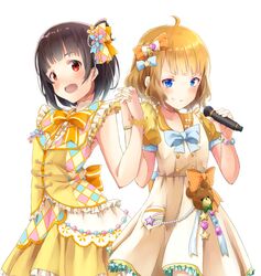  2girls :d ahoge black_hair blonde_hair blue_bow blue_eyes bow brown_hair commentary_request dress dress_bow flower frilled_dress frills hair_flower hair_ornament hairbow hands_up holding holding_hands holding_microphone idolmaster idolmaster_million_live! idolmaster_million_live!_theater_days kuro_n314 looking_at_viewer microphone multiple_girls nakatani_iku open_mouth orange_bow pocket puffy_short_sleeves puffy_sleeves red_eyes short_hair short_sleeves simple_background sleeveless sleeveless_dress smile standing suou_momoko white_background wristband yellow_bow 