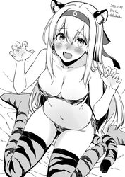  alternate_costume animal_ears animal_print bikini blush breasts chinese_zodiac claw_pose cleavage commission dated fangs female greyscale hair_between_eyes headband highres kantai_collection kekocha large_breasts long_hair looking_at_viewer monochrome open_mouth shoukaku_(kancolle) signature sitting skeb_commission solo swimsuit tail thighhighs tiger_ears tiger_girl tiger_print tiger_tail twitter_username year_of_the_tiger 