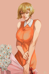  alternate_costume blonde_hair bouquet breasts closed_mouth collared_dress commentary_request cowboy_shot dated_commentary dress female flower genderswap_(mtf) higekiri_(touken_ranbu) holding holding_bouquet large_breasts looking_down orange_dress orange_nails pink_background rule_63 short_hair simple_background sleeveless sleeveless_dress smile solo touken_ranbu white_flower yellow_eyes z.i 