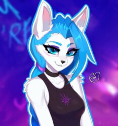  absurd_res accessory anthro arm_tuft background_text blue_eyes blue_hair blurred_background canid canine clothing collarbone female fox glistening glistening_body glistening_eyes glistening_hair glistening_skin hair hair_accessory hairband hi_res inner_ear_fluff jinx_(character) jinx_(lol) league_of_legends long_hair mammal narrowed_eyes olivialovesfur outline purple_background riot_games shirt shoulder_tuft side_cut simple_background solo tank_top tencent topwear tuft 