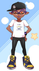  1boy :p colored_tongue commentary_request company_connection dark-skinned_male dark_skin english_text eyebrows full_body hands_on_own_hips high_tops highres inkling inkling_boy inkling_player_character kirby kirby_(series) male_focus orange_eyes pants pointy_ears purple_hair purple_tongue senpai_(souzaipan) shirt shoes smile sneakers solo souzaipan splatoon_(series) standing t-shirt tongue tongue_out watch wristwatch yoga_pants 