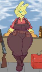  alcohol anthro beer belt beverage big_breasts blue_eyes boots breasts camelid clothing delfucko ear_piercing ear_ring engineer_(team_fortress_2) female footwear fur gloves goatonomous handwear hi_res huge_thighs leaning_on_wall llama looking_at_viewer low_wall mammal miss_b overalls pear-shaped_figure piercing ring_piercing shoes smile smiling_at_viewer solo team_fortress_2 thick_thighs third-party_edit valve weapon wide_hips yellow_body yellow_fur 