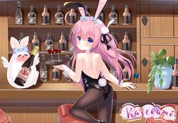  animal_ears ass bare_back bare_shoulders black_leotard cup detached_collar drinking_glass fake_animal_ears fake_tail female fengshen_chino holding holding_plate indie_virtual_youtuber leotard long_hair looking_at_viewer open_mouth pantyhose pink_hair plant plate playboy_bunny purple_eyes rabbit_ears rabbit_tail strapless strapless_leotard tail usagi_nono virtual_youtuber wine_glass wrist_cuffs 