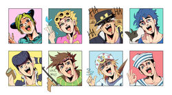  :d banknote battle_tendency beanie black_hair blonde_hair blue_eyes blue_hair blue_lips brown_hair bug butterfly canine chains comic_panel_redraw commentary_request crying danny_(jojo) derivative_work diamond_wa_kudakenai dixie_cup_hat expressions gakuran giorno_giovanna green_eyes green_lips gun hat headband higashikata_josuke higashikata_josuke_(jojolion) highres horseshoe_ornament johnny_joestar jojo_no_kimyou_na_bouken jojolion jonathan_joestar joseph_joestar joseph_joestar_(young) kujo_jolyne kujo_jotaro military_hat money norue ok_sign parody phantom_blood pointing pointing_up pompadour scarf school_uniform smile star_(symbol) star_print stardust_crusaders steel_ball_run stone_ocean striped_clothes striped_scarf submachine_gun tears thompson_submachine_gun tooth_gap vento_aureo wallet weapon 