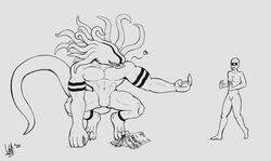  2020 5_fingers abs anon anthro arm_markings back_tentacles crouching duo english_text eyeless fingers head_markings hi_res human leg_markings long_tail magazine male mammal markings monochrome monster muscular muscular_male nude outstretched_arm pseudo_hair signature simple_background size_difference smile tail tentacle tentacle_hair text tongue tongue_out walking wolfarion 