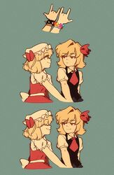  2girls artistic_error bad_id bad_twitter_id blonde_hair bracelet collared_shirt flandre_scarlet frilled_shirt frilled_sleeves frills hair_ribbon hat highres jewelry linmiee mob_cap multiple_girls necktie no_wings ribbon rumia shirt short_hair short_sleeves smile spiked_bracelet spikes touhou vest wrong_hand 