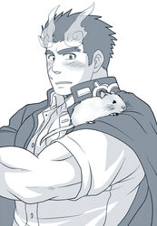  1boy alternate_pectoral_size animal_on_shoulder bara blush fiery_horns forked_eyebrows gakuran greyscale hair_slicked_back horns jacket jacket_on_shoulders large_pectorals male_focus monochrome mouse_(animal) mouse_on_shoulder muscular muscular_male partially_unbuttoned pectoral_cleavage pectorals sakimori_toji scar scar_on_cheek scar_on_face school_uniform short_hair sideburns solo sunfight0201 thick_eyebrows tokyo_afterschool_summoners upper_body 