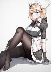  absurdres armor black_gloves black_pantyhose blonde_hair blue_eyes blush closed_mouth female fingerless_gloves g36_(girls&#039;_frontline) g36_(mod3)_(girls&#039;_frontline) girls&#039;_frontline gloves highres knee_up looking_at_viewer lubikaya maid maid_headdress medium_hair no_shoes pantyhose plantar_flexion sitting solo white_background 