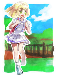  backpack bag blonde_hair blue_sky cloud commentary_request day female fence full_body green_eyes hk_(nt) lillie_(pokemon) miniskirt outdoors pokemon pokemon_sm ponytail shirt shoes short_sleeves skirt sky socks solo white_footwear white_socks 